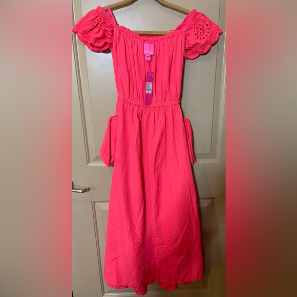 Lilly Pulitzer Liabella Off Shoulder Midi Dress Coral Sunnyside Eyelet s XS $328 - Picture 4 of 5